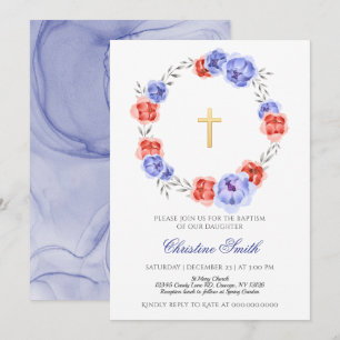 Invitation Baptême De Fille Florale De Couronne Bleue Et Roug