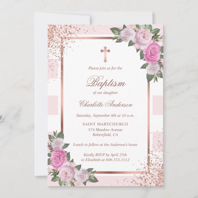 Invitation Baptême de fille florale rayée rose rose pâle (Devant)