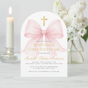 Invitation Baptême de fille & Premier Anniversaire Ruban Rose