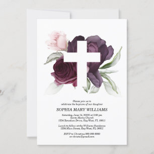 Invitation Baptême de Fille Rose et Croix Blanche de Bourgogn