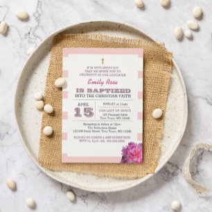 Invitation Baptême de fille rose et pivoine