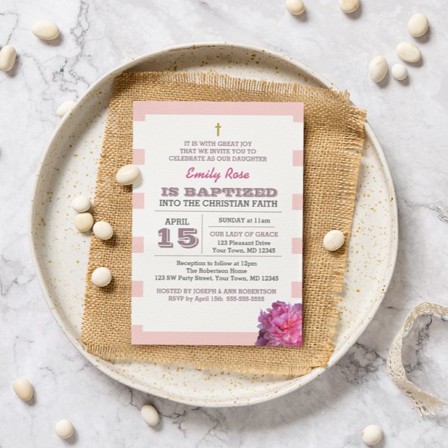 Invitation Baptême de fille rose et pivoine (Créateur téléchargé)