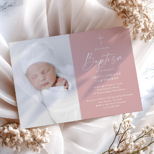 Invitation Baptême de filles rose poudré écriture moderne
