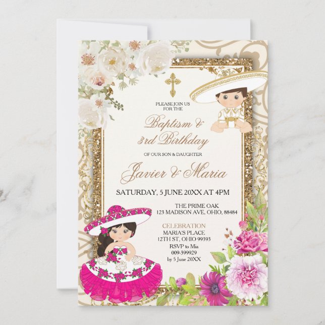 Invitation Baptême de frère rose et bleu mexicain troisième a (Devant)