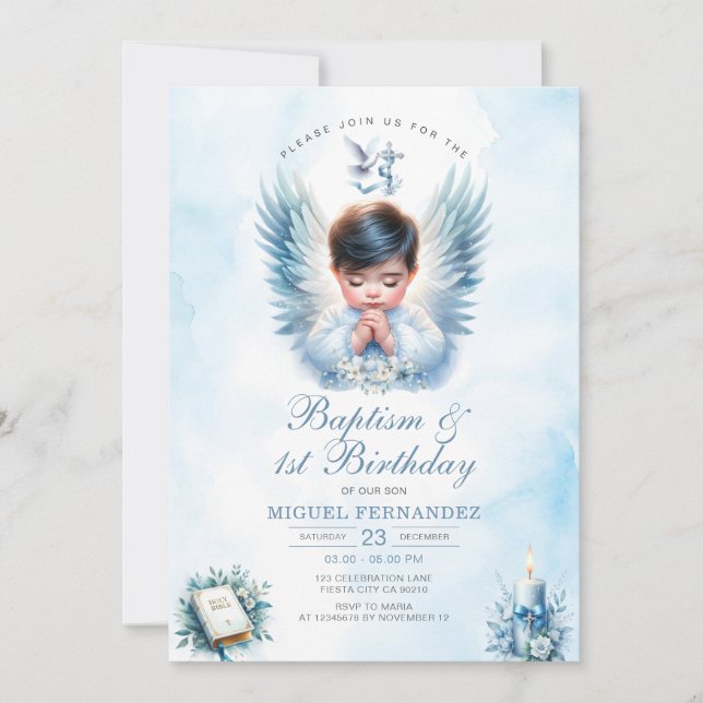 Invitation Baptême de garçon & 1er anniversaire Croix florale (Devant)