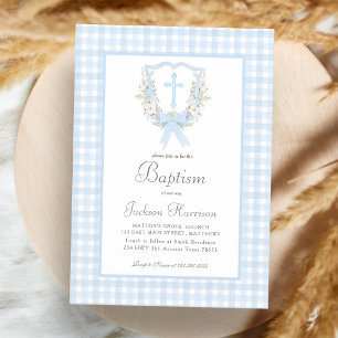 Invitation Baptême de garçon à carreaux bleus chic
