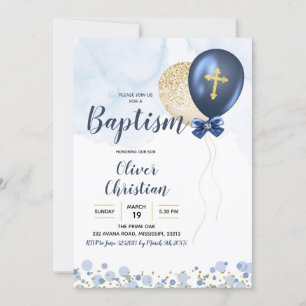 Invitation Baptême de garçon Bleu et Ballons d'or 