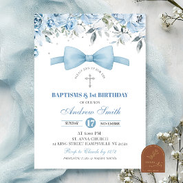 Invitation Baptême de garçon bleu et premier anniversaire
