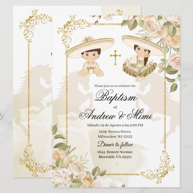 Invitation Baptême de garçon et de fille jumelle mexicaine bl (Devant / Derrière)