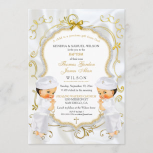 Invitation Baptême de jumeaux baptisant Gold White Cross Inv