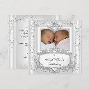 Invitation Baptême de jumelles bébé fille ou garçon Blanc