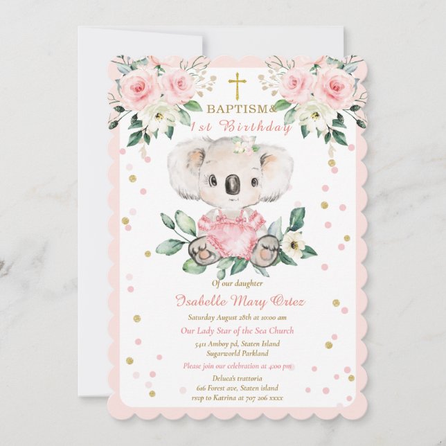 Invitation Baptême de Koala personnalisée et premier annivers (Devant)