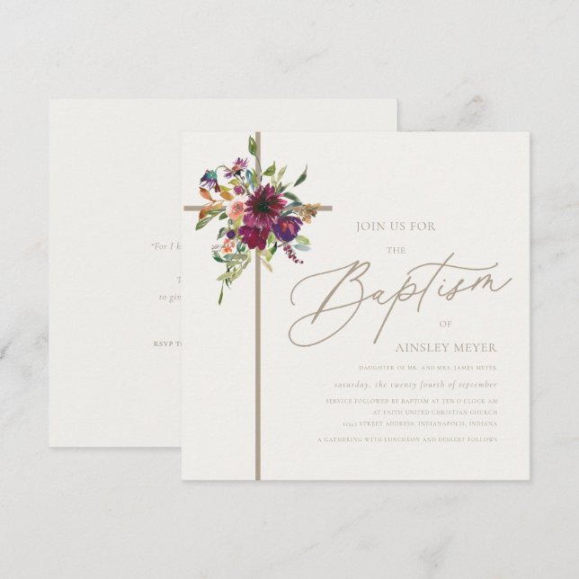 Invitation Baptême de la Bourgogne et de la croix florale dou (Devant / Derrière)