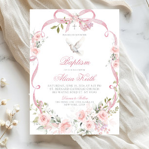 Invitation Baptême de la colombe coquette à ruban floral rose