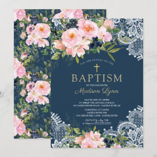 Invitation Baptême de la dentelle des Roses et des pivoines