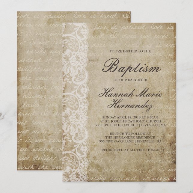 Invitation Baptême de la dentelle vintage (Devant / Derrière)