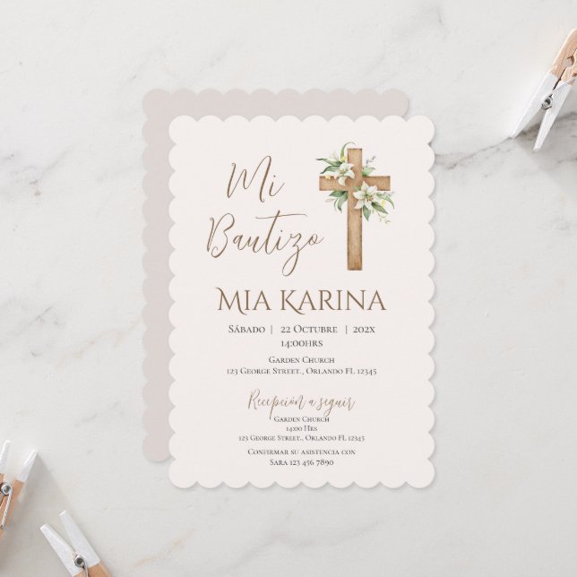 Invitation Baptême de la fille Boho avec un ours dans les nua (Devant/Arrière en situation)