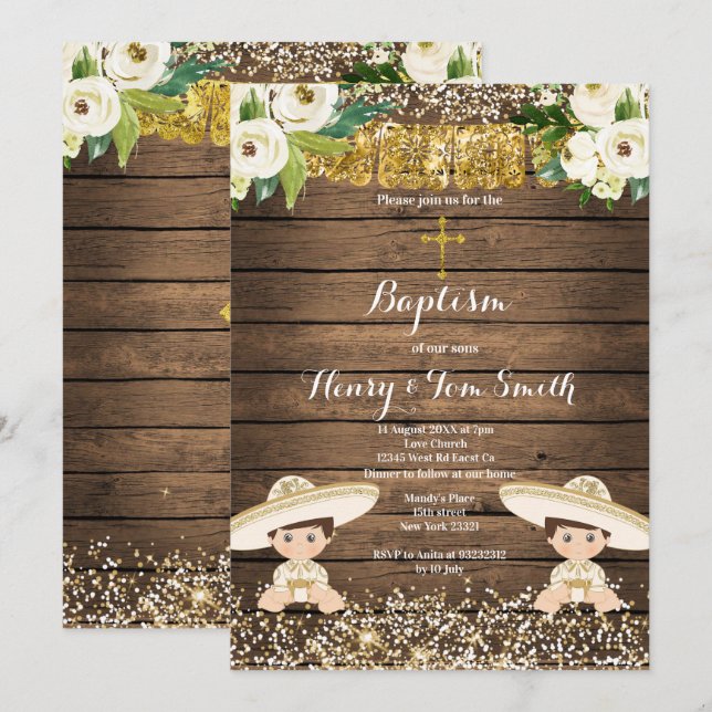Invitation Baptême de la Parties scintillant d'or Fiesta Boy (Devant / Derrière)