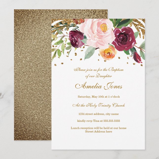 Invitation Baptême de la Parties scintillant florale d'or de  (Devant / Derrière)
