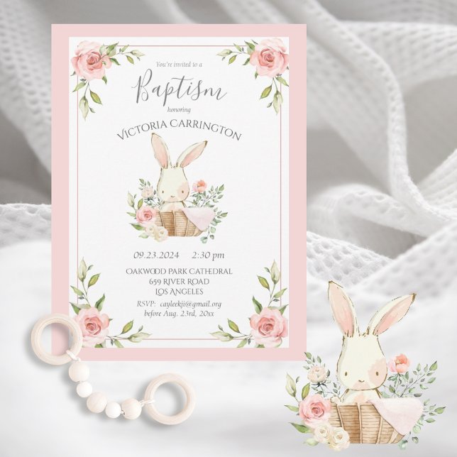 Invitation Baptême de lapin rose flou Baptême de lapin Baptêm (Créateur téléchargé)