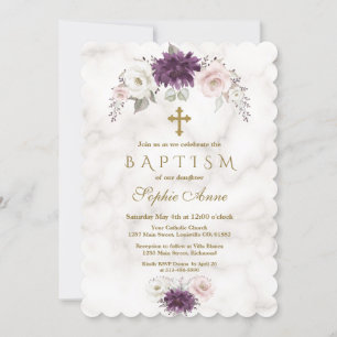 Invitation Baptême de luxe Lavender Blush Floral Cross Marbre