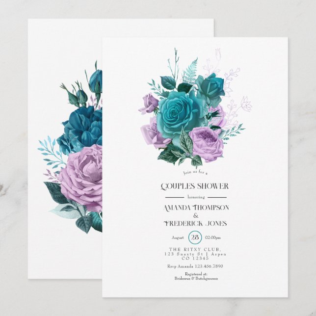 Invitation Baptême de mariage floral turquoise et lavande (Devant / Derrière)