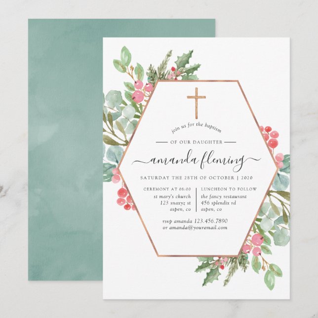 Invitation Baptême de Noël Eucalyptus géométrique/Christening (Devant / Derrière)