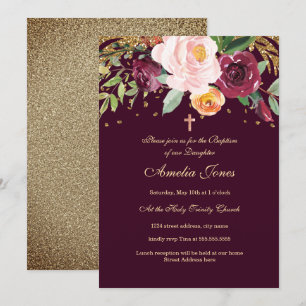 Invitation Baptême de Parties scintillant florale d'or de Bou