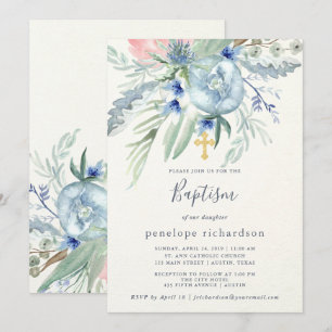 Invitation Baptême de pivoine bleue et rose