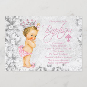 Invitation Baptême de princesse vintage rose et gris