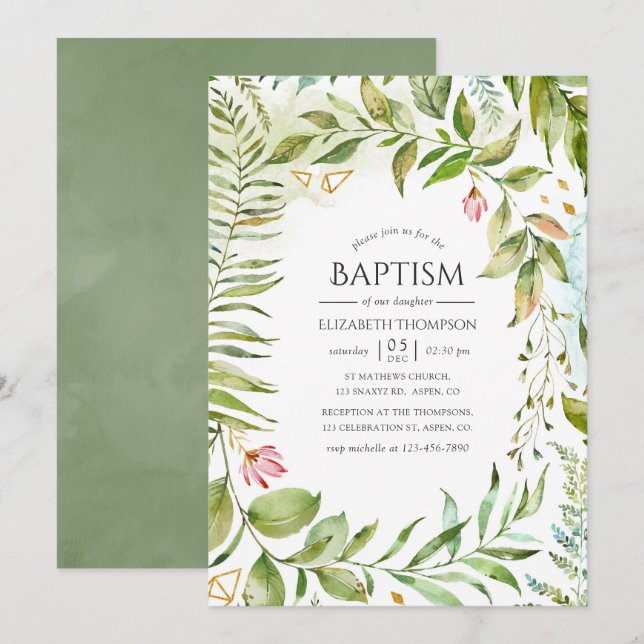 Invitation Baptême de verdure cristalline géométrique (Devant / Derrière)