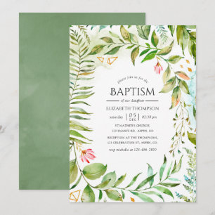 Invitation Baptême de verdure cristalline géométrique