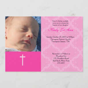 Invitation Baptême Dédication Girl rose 5x7 Damask Photo