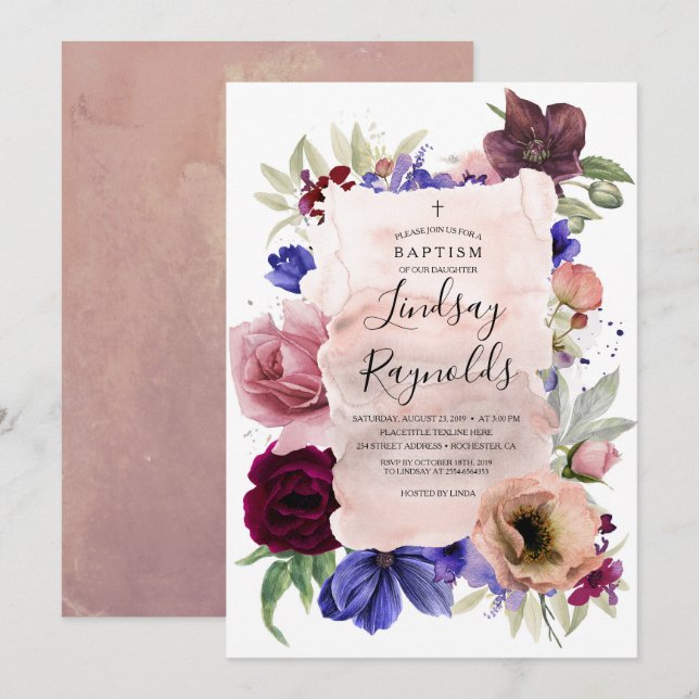 Invitation Baptême des filles | Blush Blue Bourgogne Rouge Fl (Devant / Derrière)