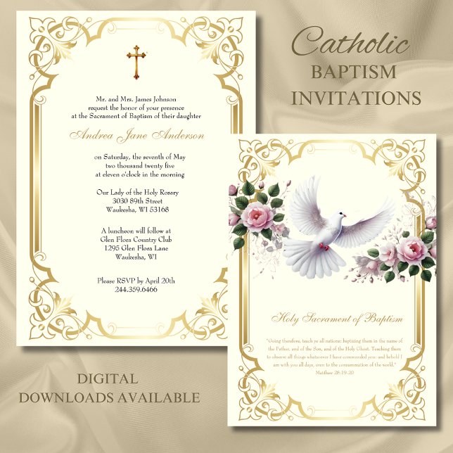 Invitation Baptême d'or catholique rose roses Christening (Créateur téléchargé)