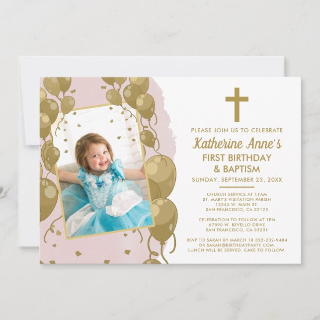 Invitation Baptême d'or rose 1er anniversaire Texte Photo (Devant)