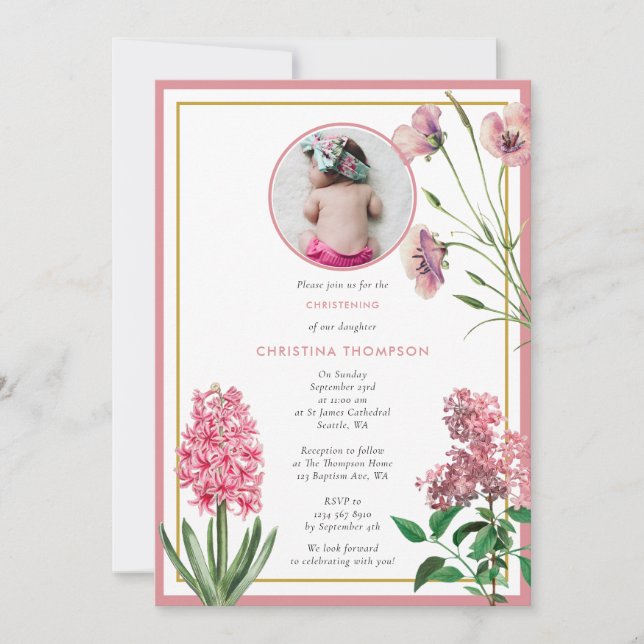 Invitation Baptême d'or rose Baptême Christening Girl Photo (Devant)