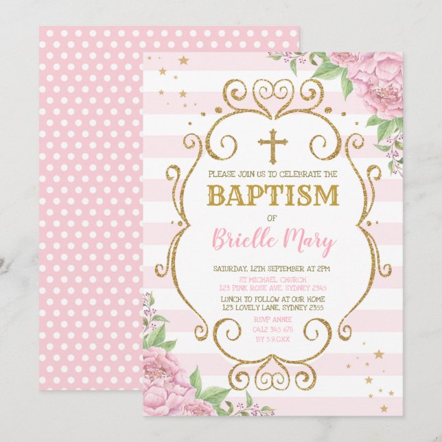 Invitation Baptême d'or rose Christening Floral Princess (Devant / Derrière)