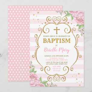 Invitation Baptême d'or rose Christening Floral Princess