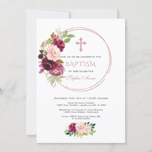 Invitation Baptême d'or Rose floral Bourgogne safran