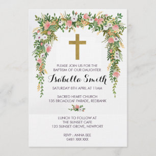 Invitation Baptême d'or rose/invitation floraux de baptême