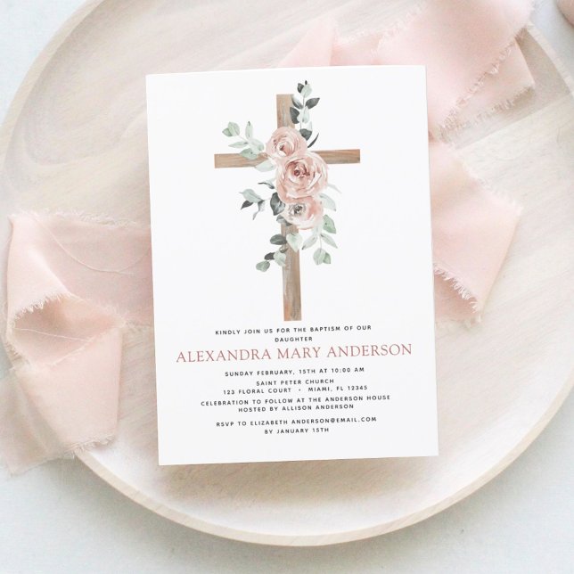 Invitation Baptême Dusty Rose Vert Eucalyptus (Créateur téléchargé)