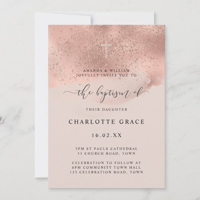 Invitation Baptême écriture pailletée or rose (Devant)
