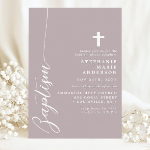 Invitation Baptême écriture simple moderne lavande poussiéreu