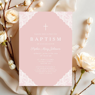 Invitation Baptême élégant bébé fille en dentelle rose
