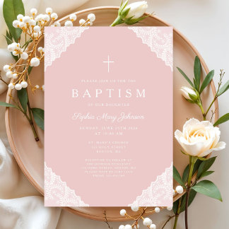 Invitation Baptême élégant bébé fille en dentelle rose