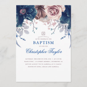Invitation Baptême élégant bleu marine et mauve
