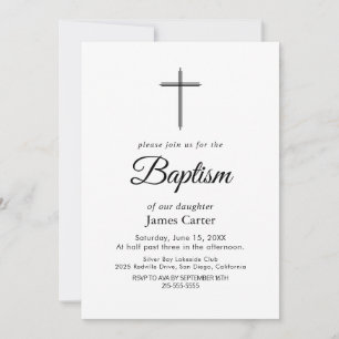 Invitation Baptême élégant croix crème calligraphie noire 