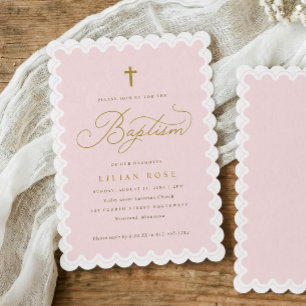 Invitation Baptême élégant croix en or rose scallopée