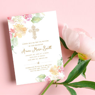 Invitation Baptême élégant croix ornée florale rose pêche